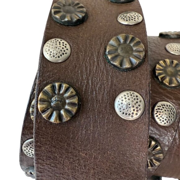 Vintage Leather Embellished with Hammered Brass Buckle Belt Women\'s Brown